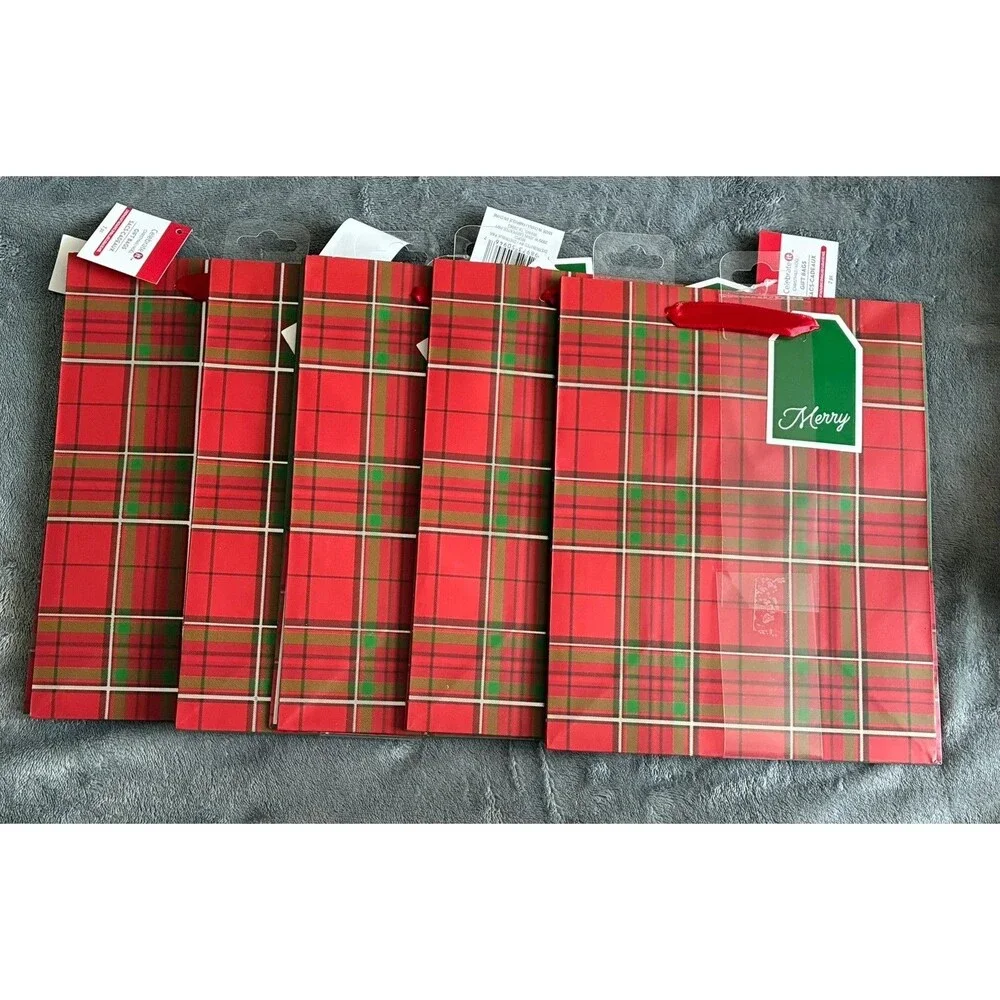 Set of 10 Christmas Gift Bags Santa Plaid Holiday Bags 9.5”